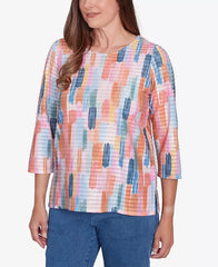 Alfred Dunner Women's Free Spirit Mini Ruffle Brushstroke Crew Neck Top, Coral