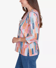 Alfred Dunner Women's Free Spirit Mini Ruffle Brushstroke Crew Neck Top, Coral