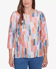 Alfred Dunner Women's Free Spirit Mini Ruffle Brushstroke Crew Neck Top, Coral