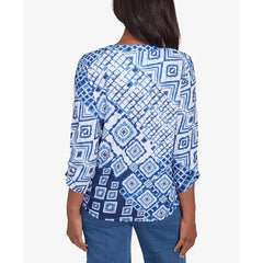 Alfred Dunner Women's Free Spirit Ikat Patched Geometric Top, Navy Multi