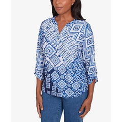 Alfred Dunner Women's Free Spirit Ikat Patched Geometric Top, Navy Multi