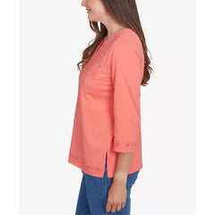 Alfred Dunner Women's Free Spirit Solid Cut Out Beaded Split Neck Top, Coral, Size S