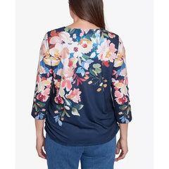 Alfred Dunner Women's Free Spirit Floral Knit Ruched Sleeve Top, Navy