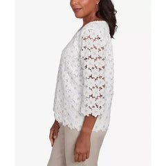 Alfred Dunner Women's Kensington Gardens Daisy Woven Lace Crew Neck Top, Ivory