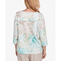 Alfred Dunner Women's Kensington Gardens Patchwork Leaves Textured Crewneck Top, Neutral Multi