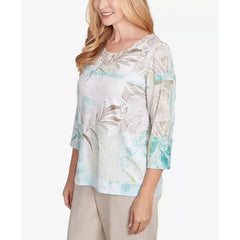 Alfred Dunner Women's Kensington Gardens Patchwork Leaves Textured Crewneck Top, Neutral Multi
