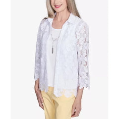 Alfred Dunner Women's Dress Code Two in One Lace Top with Necklace, White