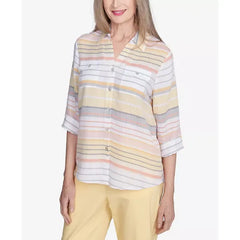 Alfred Dunner Women's Dress Code Button Down Striped Cuffed Sleeve Top, Multi Yellow