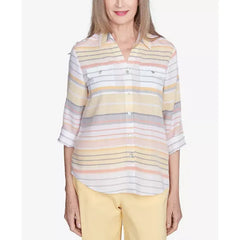 Alfred Dunner Women's Dress Code Button Down Striped Cuffed Sleeve Top, Multi Yellow