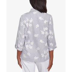 Alfred Dunner Women's Dress Code Flower Embroidered Button Down Striped Top, Pearl