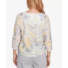 Alfred Dunner Women's Dress Code Textured Paisley Beaded Neck Top, Grey Multi