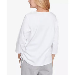 Alfred Dunner Women's Dress Code Linear Knit Floral Embroidered Crew Neck Top, White