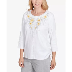 Alfred Dunner Women's Dress Code Linear Knit Floral Embroidered Crew Neck Top, White