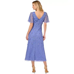 Adrianna Papell Women's Bead Mesh Flutter Sleeve Dress, Perfect for Elegant Evenings and Special Occasions