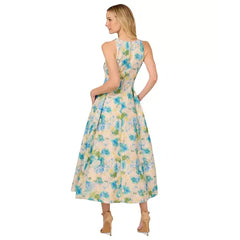 Adrianna Papell Women's Floral Jacquard Ankle Dress, Perfect for Sophisticated Events, Ivory/Blue Multi