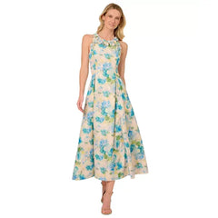 Adrianna Papell Women's Floral Jacquard Ankle Dress, Perfect for Sophisticated Events, Ivory/Blue Multi