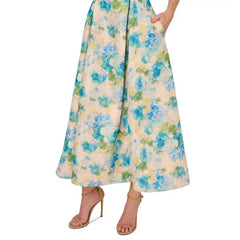 Adrianna Papell Women's Floral Jacquard Ankle Dress, Perfect for Sophisticated Events, Ivory/Blue Multi