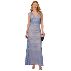 Adrianna Papell Womens Embroidered V Neck Lace Gown, Elegant and Timeless Style for Formal Occasions, Peri Blue