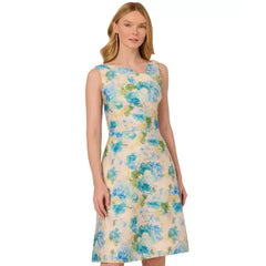 Adrianna Papell Womens Jacquard Asymmetric Neck Dress, Elegant Formal or Party Outfit, Ivory/Blue Multi