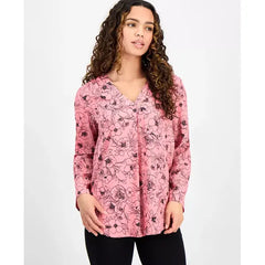 Anne Klein Petite Printed V Neck Roll Tab Sleeve Top, Stylish and Versatile Blouse for Women