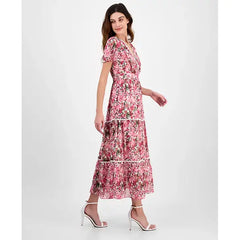 Anne Klein Womens Printed Surplice Neck Flutter Sleeve Dress for Work or Events ,Carmine Rose Multi