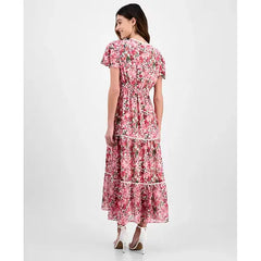 Anne Klein Womens Printed Surplice Neck Flutter Sleeve Dress for Work or Events ,Carmine Rose Multi