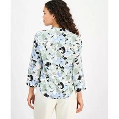 Anne Klein Petite Printed 3/4 Sleeve Utility Blouse, Stylish Functional Womens Top, Soft Aloe Multi