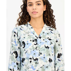 Anne Klein Petite Printed 3/4 Sleeve Utility Blouse, Stylish Functional Womens Top, Soft Aloe Multi