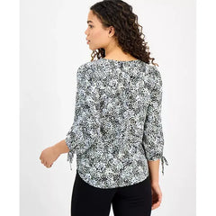 Anne Klein Petite Printed V Neck Tie Sleeve Top, Chic Stylish Womens Blouse