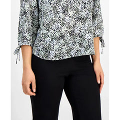 Anne Klein Petite Printed V Neck Tie Sleeve Top, Chic Stylish Womens Blouse