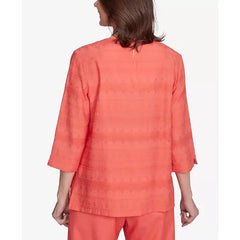 Alfred Dunner Women's Catalina Island Solid Textured Lace Trim Top, Tangerine