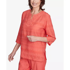 Alfred Dunner Women's Catalina Island Solid Textured Lace Trim Top, Tangerine