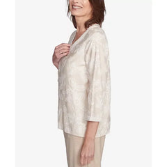 Alfred Dunner Women's Catalina Island Tossed Floral Embroidery V-Neck Top, Linen