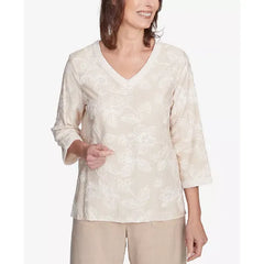 Alfred Dunner Women's Catalina Island Tossed Floral Embroidery V-Neck Top, Linen