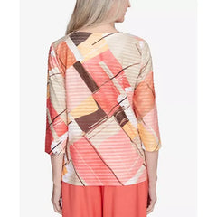 Alfred Dunner Women's Catalina Island Colorful Patchwork Top, Tangerine Multi