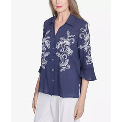 Alfred Dunner Women's Nantucket Embroidered Marine Button Front Top, Marine Blue