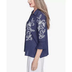 Alfred Dunner Women's Nantucket Embroidered Marine Button Front Top, Marine Blue