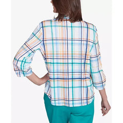 Alfred Dunner Women's Nantucket Plaid Knit Button Front Top, Marine Multi