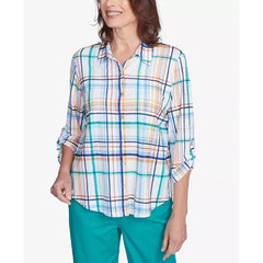 Alfred Dunner Women's Nantucket Plaid Knit Button Front Top, Marine Multi