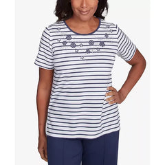 Alfred Dunner Women's Nantucket Beaded Floral Striped Top, Marine/White, Size S