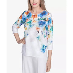 Alfred Dunner Women's Nantucket Textured Floral Neckline Top, Marine Multi
