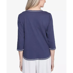 Alfred Dunner Women's Embroidered Crew Neck Top, Marine Blue , Size S