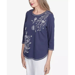 Alfred Dunner Women's Embroidered Crew Neck Top, Marine Blue , Size S