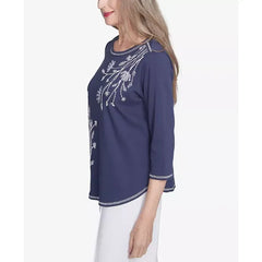 Alfred Dunner Women's Embroidered Crew Neck Top, Marine Blue , Size S