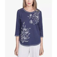 Alfred Dunner Women's Embroidered Crew Neck Top, Marine Blue , Size S