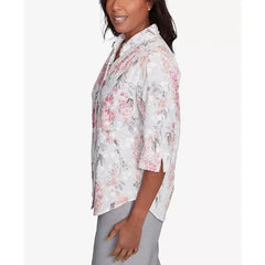 Alfred Dunner Women's Estate of Mind Collared Button Front Hydrangea Top, Multi Pink