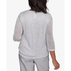 Alfred Dunner Women's Estate of Mind Sequin Beaded Split Neck Top, Dove Grey