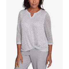 Alfred Dunner Women's Estate of Mind Sequin Beaded Split Neck Top, Dove Grey