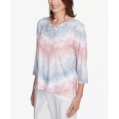 Alfred Dunner Women's Estate of Mind Chevron Lacey Three Quarter Sleeve Top, Multi Pink