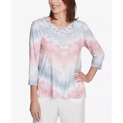Alfred Dunner Women's Estate of Mind Chevron Lacey Three Quarter Sleeve Top, Multi Pink